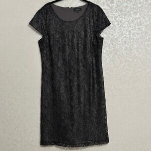 Lux II‎ Shimmer Black Lace Overlay Gray Dress Short Sleeve Sheath Dress Sz 12